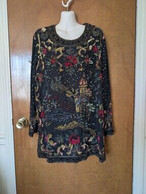 Vintage QPS Black Silk Sequined Beaded Floral Scene Tunic Blouse Top